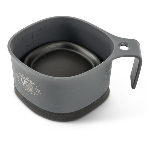 UCO collapsible cup clipped to backpack – ideal for campers and vanlifers and hikers
