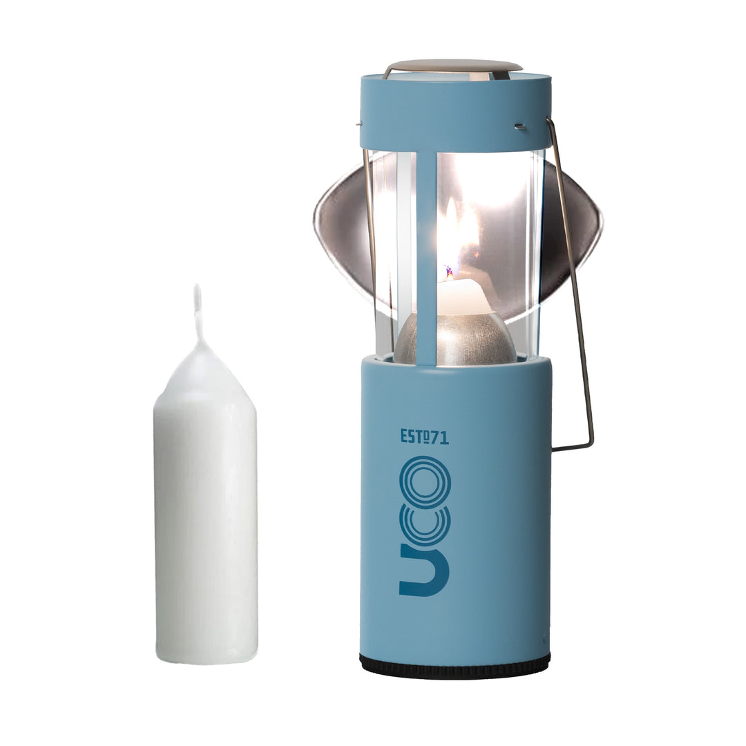 UCO Candle Lantern with 12-hour emergency candle for outdoor and emergency lighting, Glacier Blue Candle Lantern