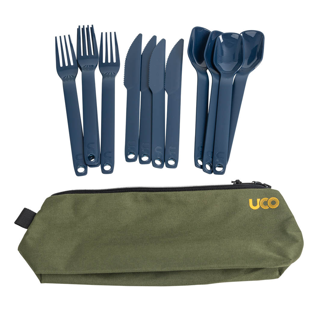 UCO Cookit Camp Kitchen storage box with camp cooking accessories inside_ cookit 4 person utensil set