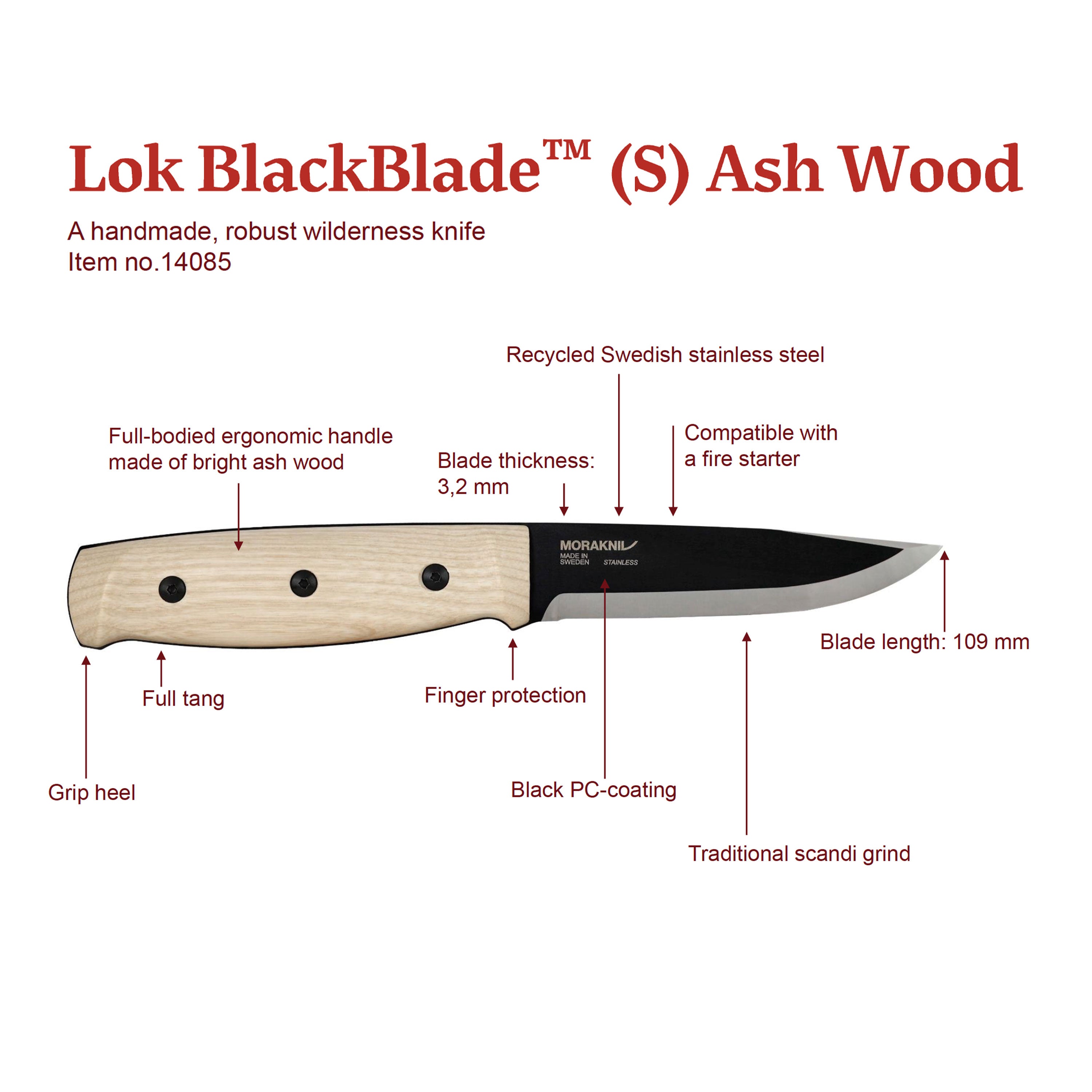 Morakniv Lok Black Blade - Ash Wood Handle - Leather Sheath - DLT