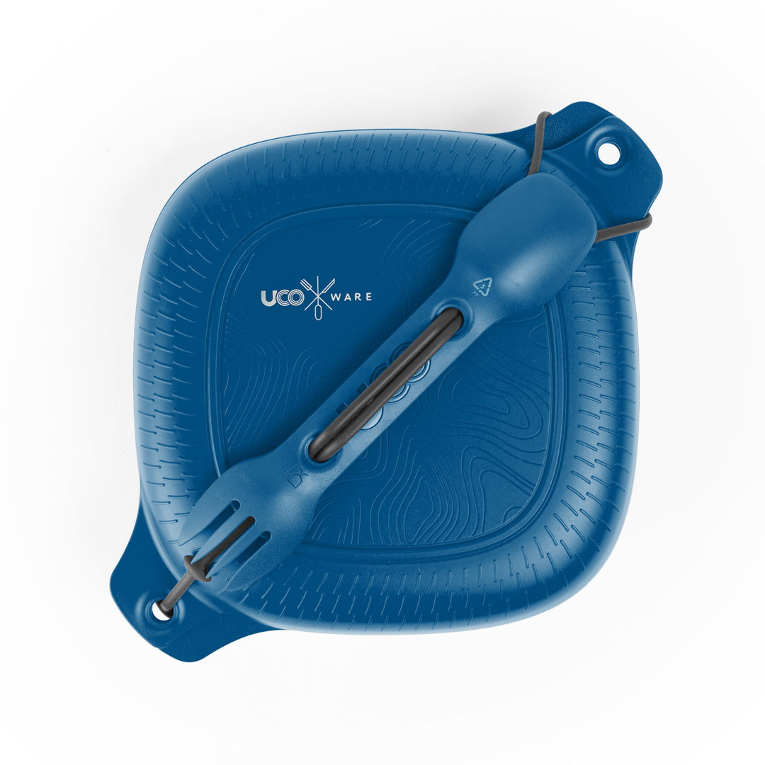 UCO ECO 4-Piece Mess Kit with recycled plate, bowl, Spork, and tether-berry blue mess kit