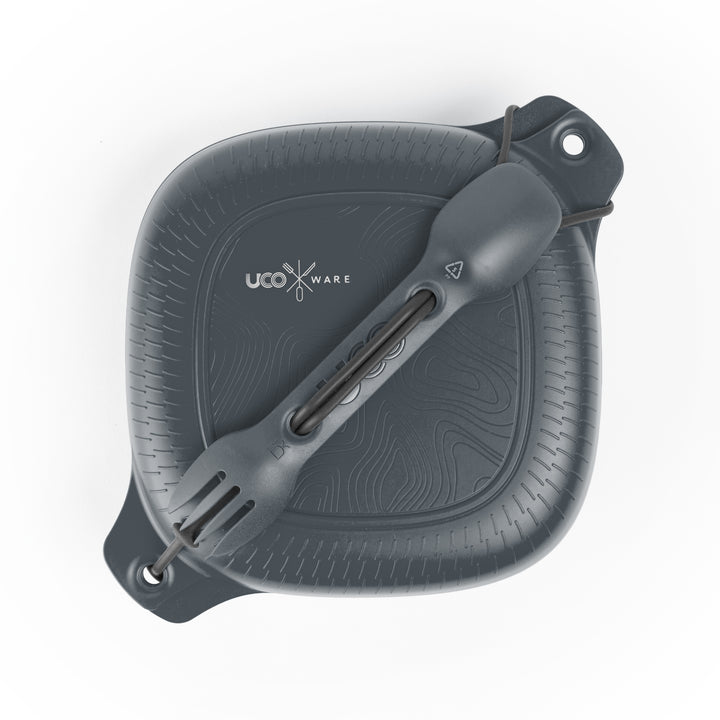 UCO ECO 4-Piece Mess Kit with recycled plate, bowl, Spork, and tether-slate grey mess kit