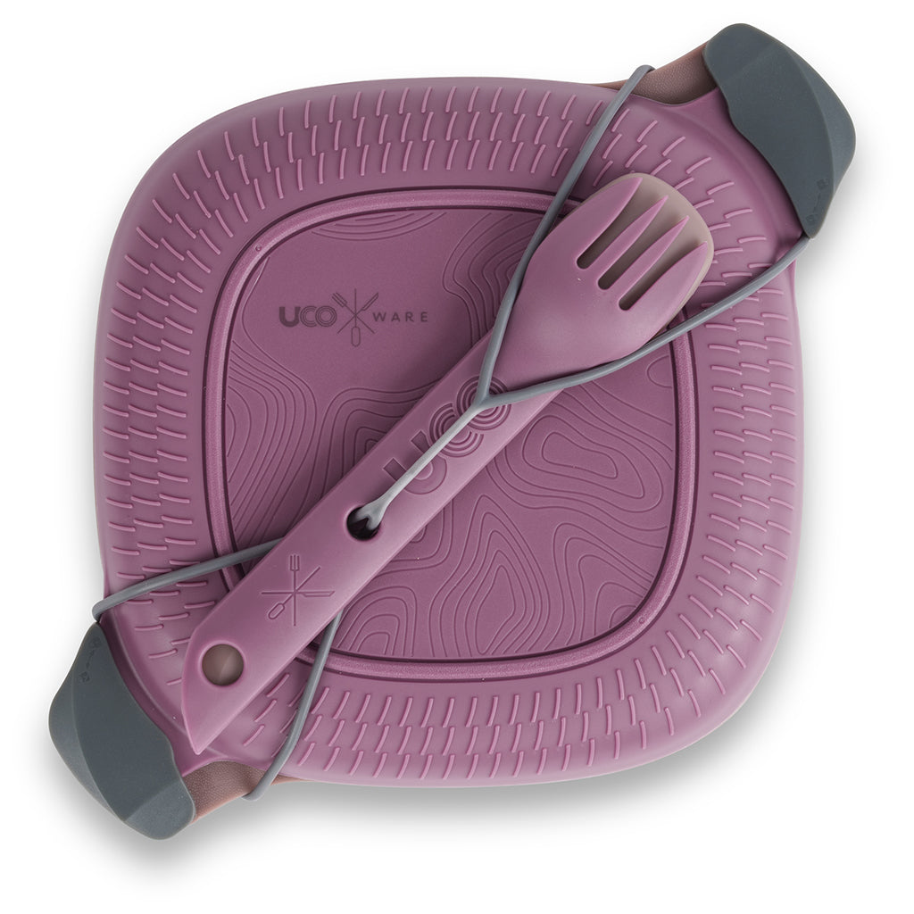UCO ECO 5 piece mess kit with locking lid, bowl, and Switch Spork for camping-plum purple mess kit