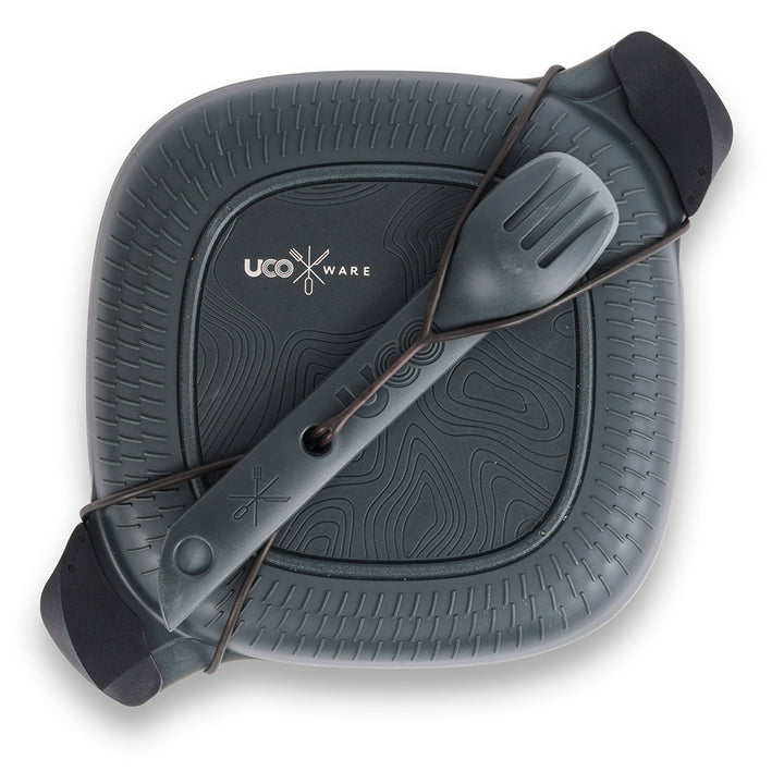 UCO ECO 5 piece mess kit with locking lid, bowl, and Switch Spork for camping-venture grey mess kit